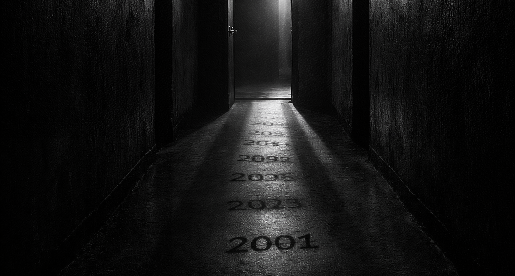Siyah beyaz karanlık bir koridorda, yerde 2000’den 2026’ya uzanan yıllar ve sonunda ışık alan bir kapı.