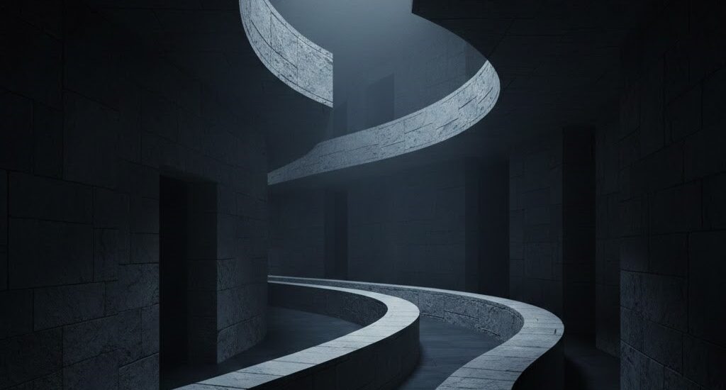 Karanlık bir labirentte kıvrılan sessiz bir yol.