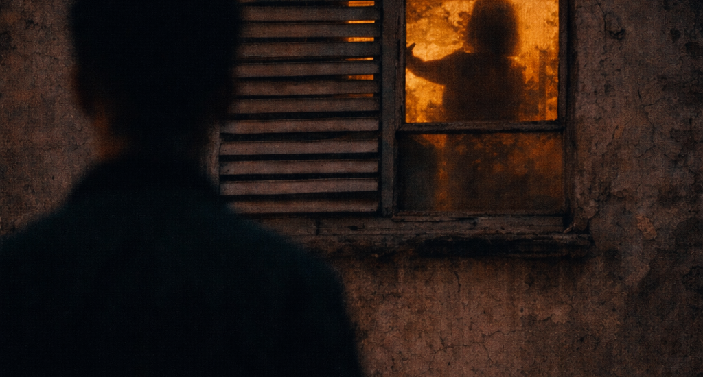 Karanlıkta bir pencereye bakan siluet; içeride sarı ışıkta beliren gölge, bakıp geçmenin sessiz tanıklığını simgeliyor.