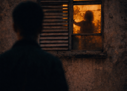 Karanlıkta bir pencereye bakan siluet; içeride sarı ışıkta beliren gölge, bakıp geçmenin sessiz tanıklığını simgeliyor.