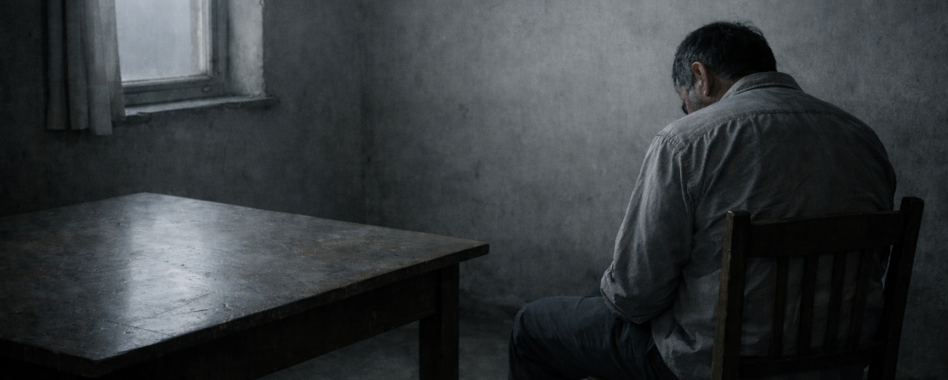 Gri ve karanlık bir odada, sırtı dönük şekilde sandalyede oturan yalnız bir adam; masanın üzerinde bir bıçak, duvarda ve pencereden süzülen solgun ışık bulunuyor.