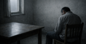 Gri ve karanlık bir odada, sırtı dönük şekilde sandalyede oturan yalnız bir adam; masanın üzerinde bir bıçak, duvarda ve pencereden süzülen solgun ışık bulunuyor.