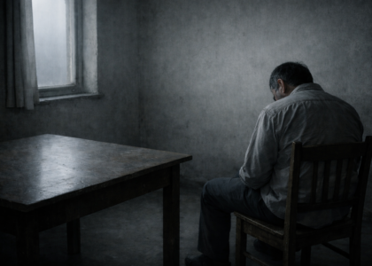 Gri ve karanlık bir odada, sırtı dönük şekilde sandalyede oturan yalnız bir adam; masanın üzerinde bir bıçak, duvarda ve pencereden süzülen solgun ışık bulunuyor.