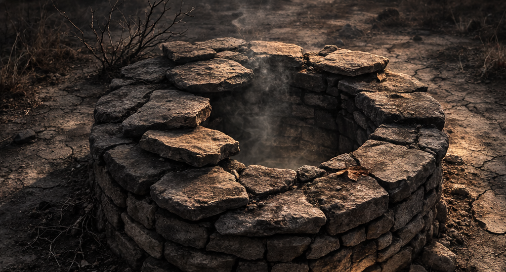 Kasvetli, bulutlu bir gökyüzü altında, kurak ve çatlamış bir toprağın ortasında, içinden duman yükselen dairesel bir taş kuyu yer alıyor. Arka planda sığ, dumanlı tepeler ve yapraksız bir ağaç, ön plandaki kuyuya çarpan gün batımının sıcak ışığıyla tezat oluşturuyor.