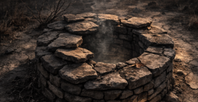 Kasvetli, bulutlu bir gökyüzü altında, kurak ve çatlamış bir toprağın ortasında, içinden duman yükselen dairesel bir taş kuyu yer alıyor. Arka planda sığ, dumanlı tepeler ve yapraksız bir ağaç, ön plandaki kuyuya çarpan gün batımının sıcak ışığıyla tezat oluşturuyor.