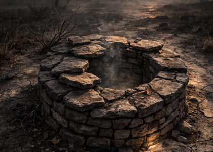 Kasvetli, bulutlu bir gökyüzü altında, kurak ve çatlamış bir toprağın ortasında, içinden duman yükselen dairesel bir taş kuyu yer alıyor. Arka planda sığ, dumanlı tepeler ve yapraksız bir ağaç, ön plandaki kuyuya çarpan gün batımının sıcak ışığıyla tezat oluşturuyor.