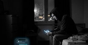 Kapüşonlu bir adam, gece karanlığında yatağın kenarında oturmuş telefon ekranına bakarken; yağmurlu pencerenin ardından şehir ışıkları görünmektedir.